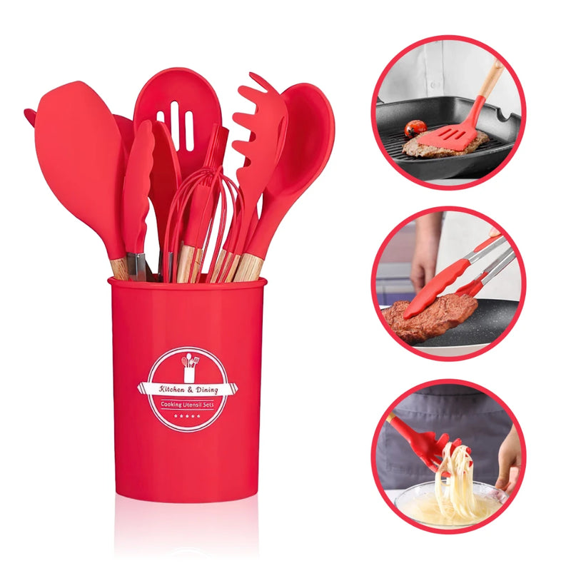 Kit Conjunto de Cozinha C/12 Peças Utensílios de Cozinha Antiaderentes de Silicone e Cabo de Madeira