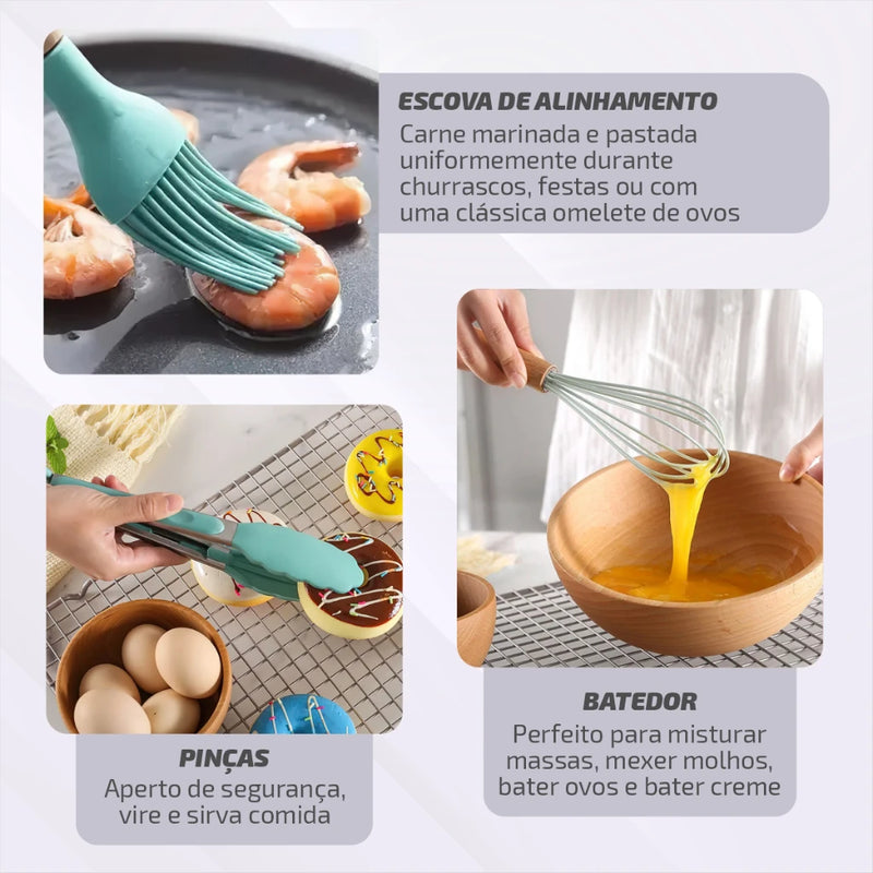 Kit Conjunto de Cozinha C/12 Peças Utensílios de Cozinha Antiaderentes de Silicone e Cabo de Madeira