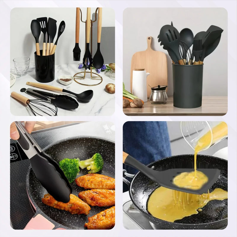 Kit Conjunto de Cozinha C/12 Peças Utensílios de Cozinha Antiaderentes de Silicone e Cabo de Madeira