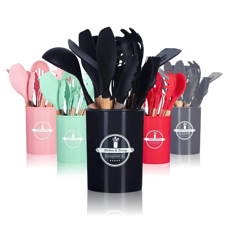 Kit Conjunto de Cozinha C/12 Peças Utensílios de Cozinha Antiaderentes de Silicone e Cabo de Madeira