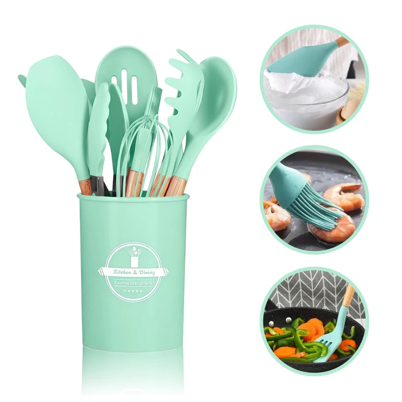 Kit Conjunto de Cozinha C/12 Peças Utensílios de Cozinha Antiaderentes de Silicone e Cabo de Madeira