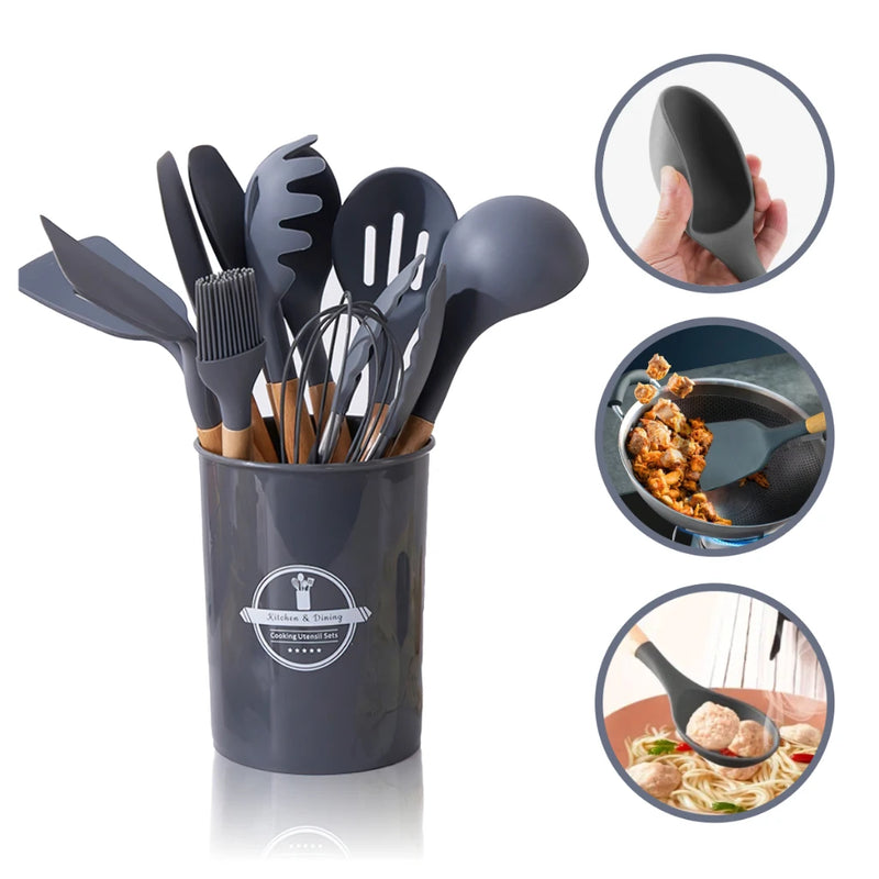 Kit Conjunto de Cozinha C/12 Peças Utensílios de Cozinha Antiaderentes de Silicone e Cabo de Madeira