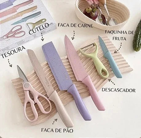 Conjunto Kit Facas Profissional Colorido em Aço Inoxidável com 6 Peças para Churrasco e Cozinha Kitchen Tesoura Facas