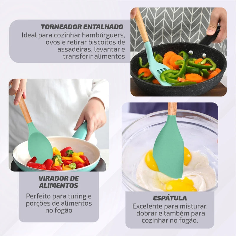 Kit Conjunto de Cozinha C/12 Peças Utensílios de Cozinha Antiaderentes de Silicone e Cabo de Madeira