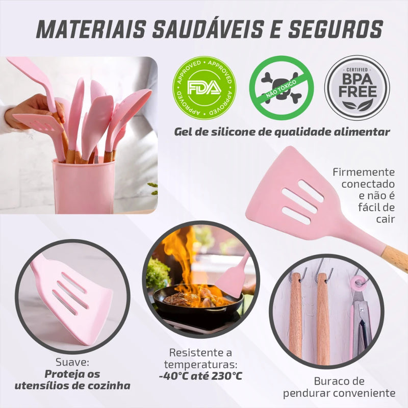 Kit Conjunto de Cozinha C/12 Peças Utensílios de Cozinha Antiaderentes de Silicone e Cabo de Madeira