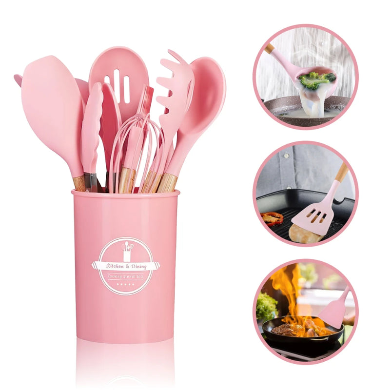 Kit Conjunto de Cozinha C/12 Peças Utensílios de Cozinha Antiaderentes de Silicone e Cabo de Madeira