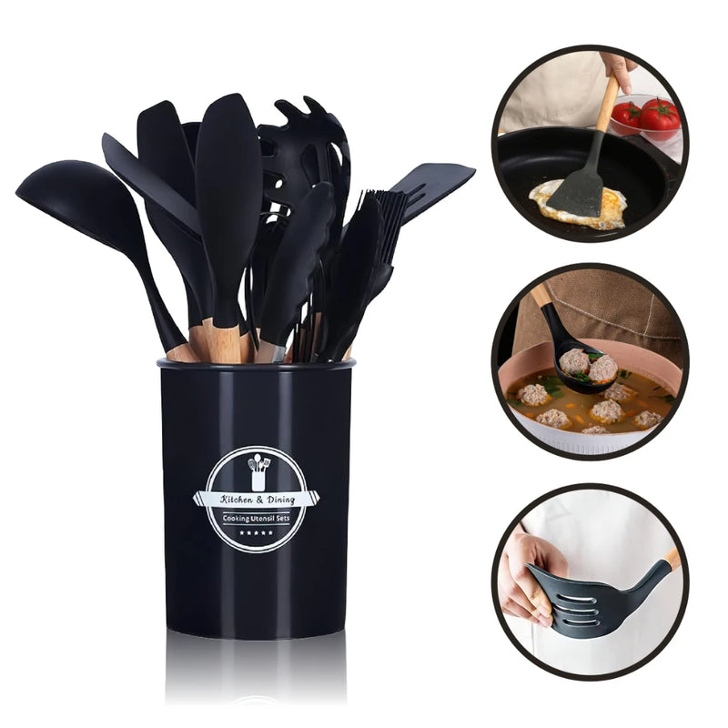 Kit Conjunto de Cozinha C/12 Peças Utensílios de Cozinha Antiaderentes de Silicone e Cabo de Madeira